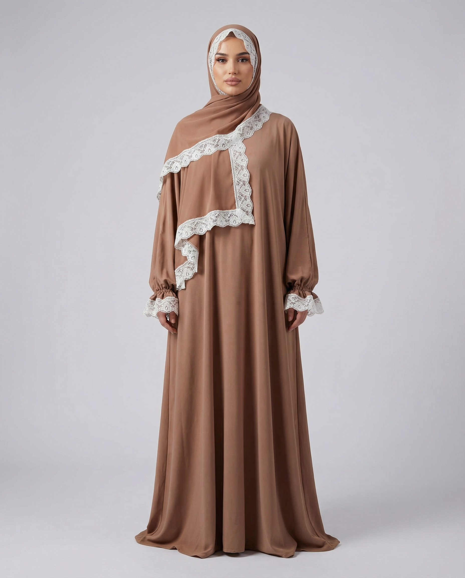 Beyaz Dantel Detaylı Camel Abaye