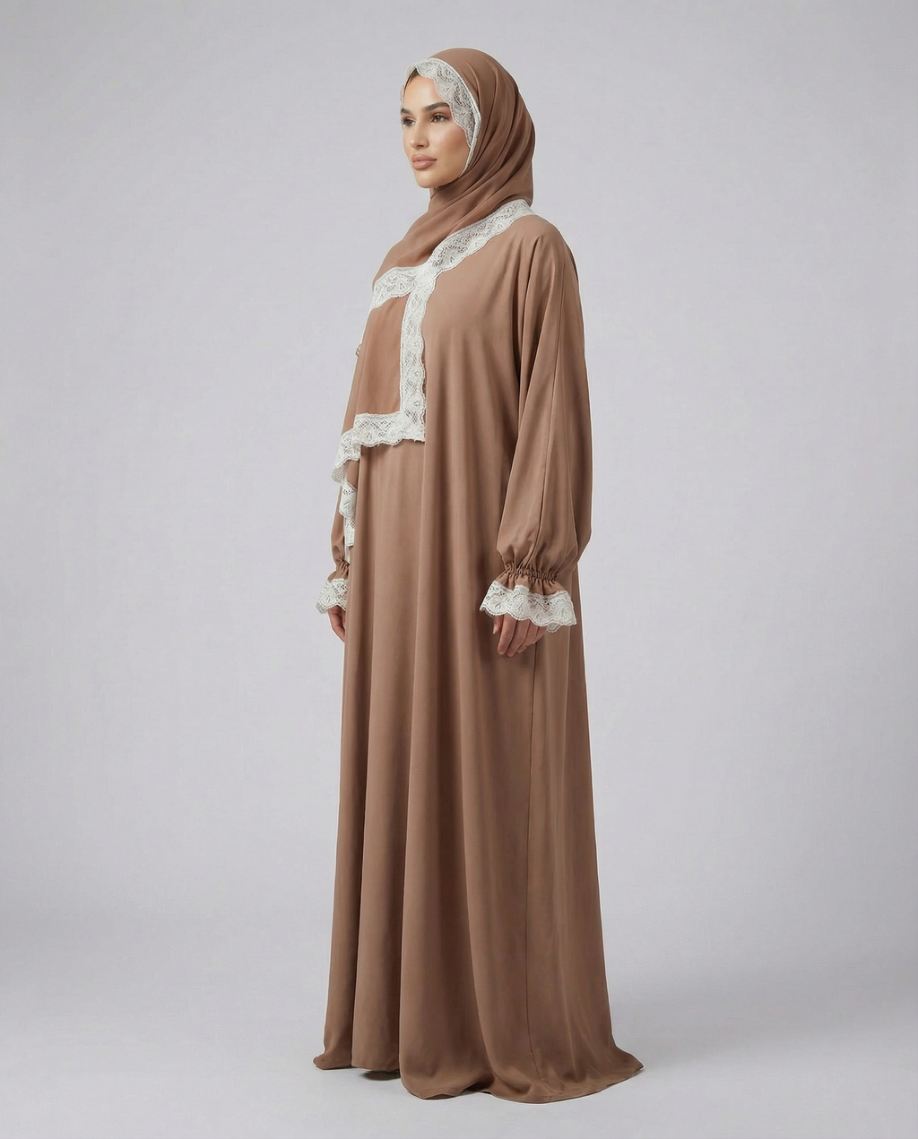 Beyaz Dantel Detaylı Kahve Abaya