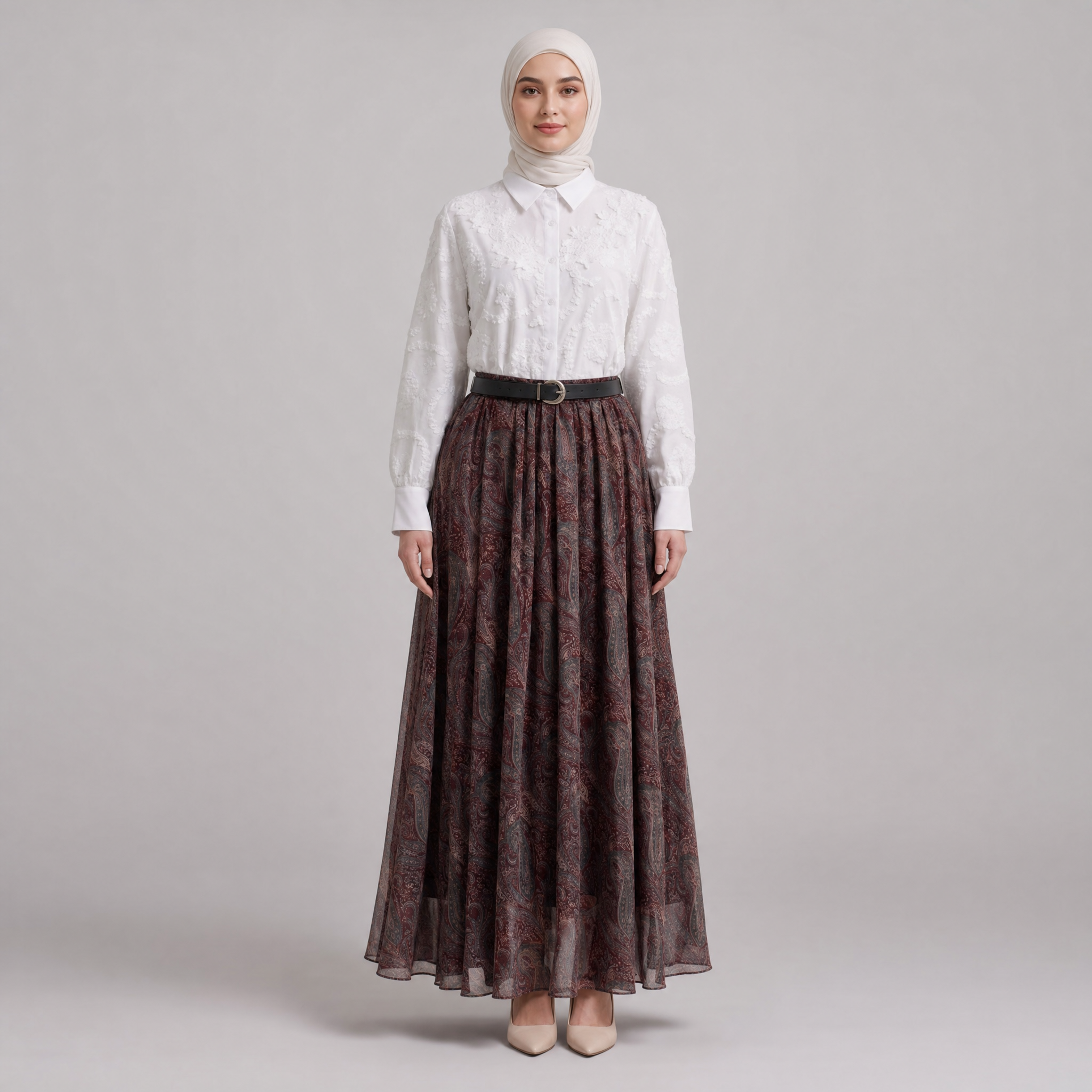 Desenli Tül Katmanlı Bordo Etek