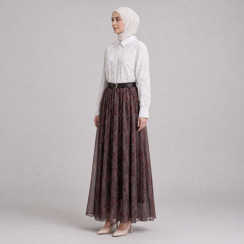 Desenli Tül Katmanlı Bordo Etek