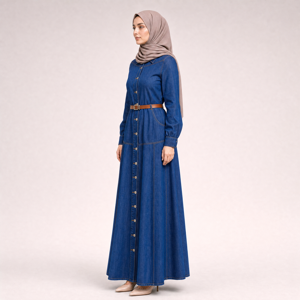 Kemer Detaylı Denim İndigo Elbise