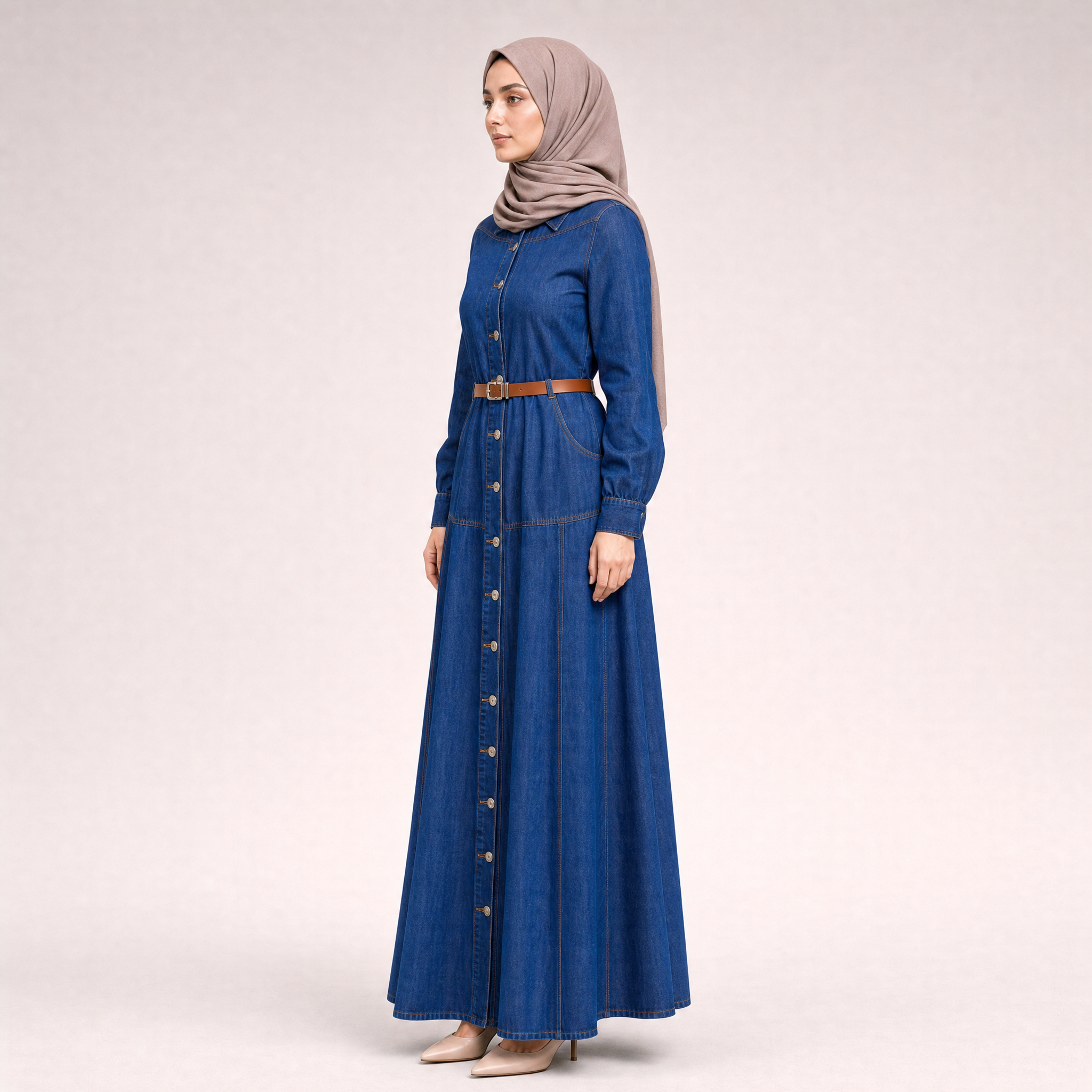 Kemer Detaylı Denim İndigo Elbise