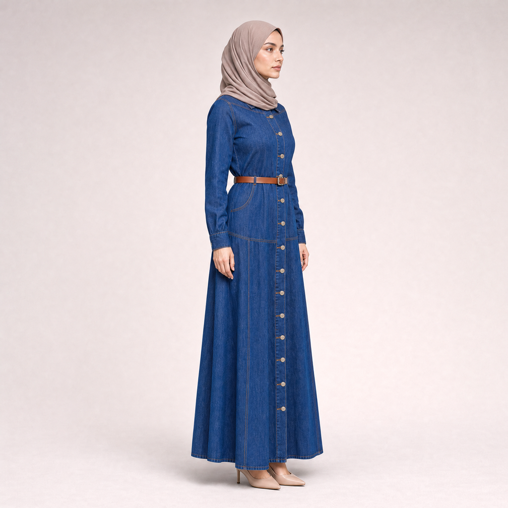 Kemer Detaylı Denim İndigo Elbise
