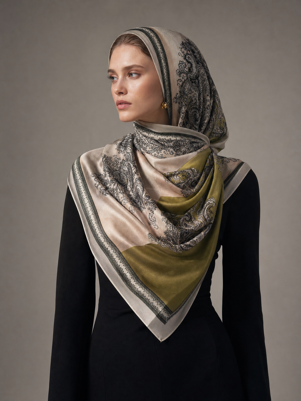 Paisley Desenli İpek Vual Şal Haki