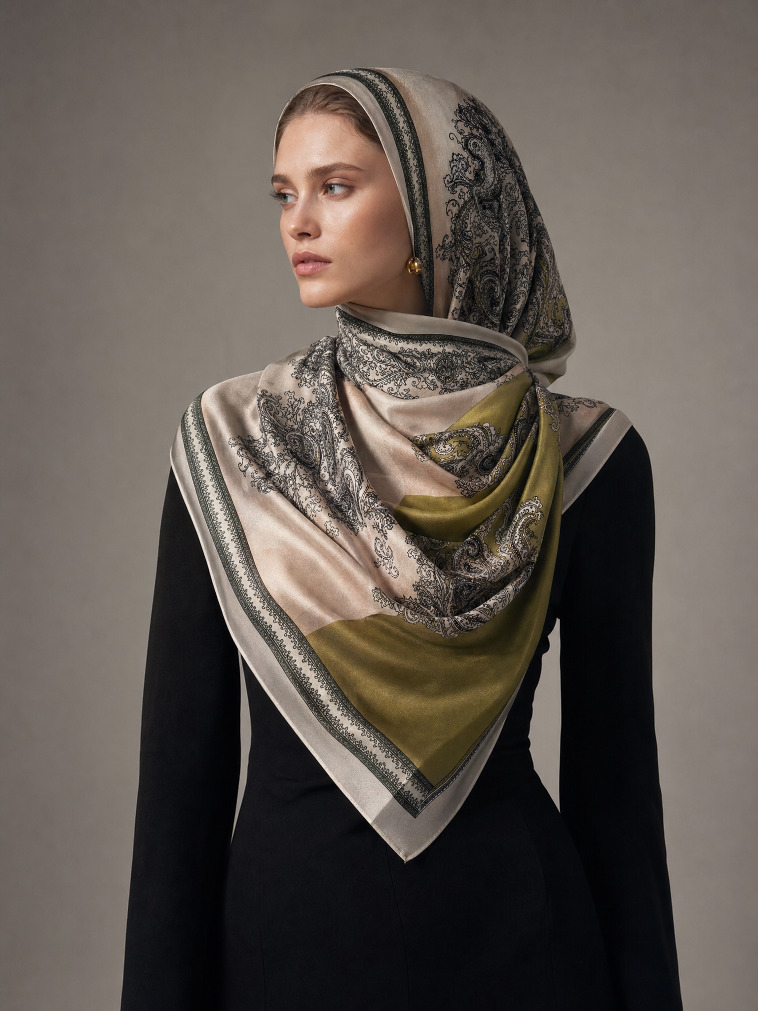 Paisley Desenli İpek Vual Şal Haki