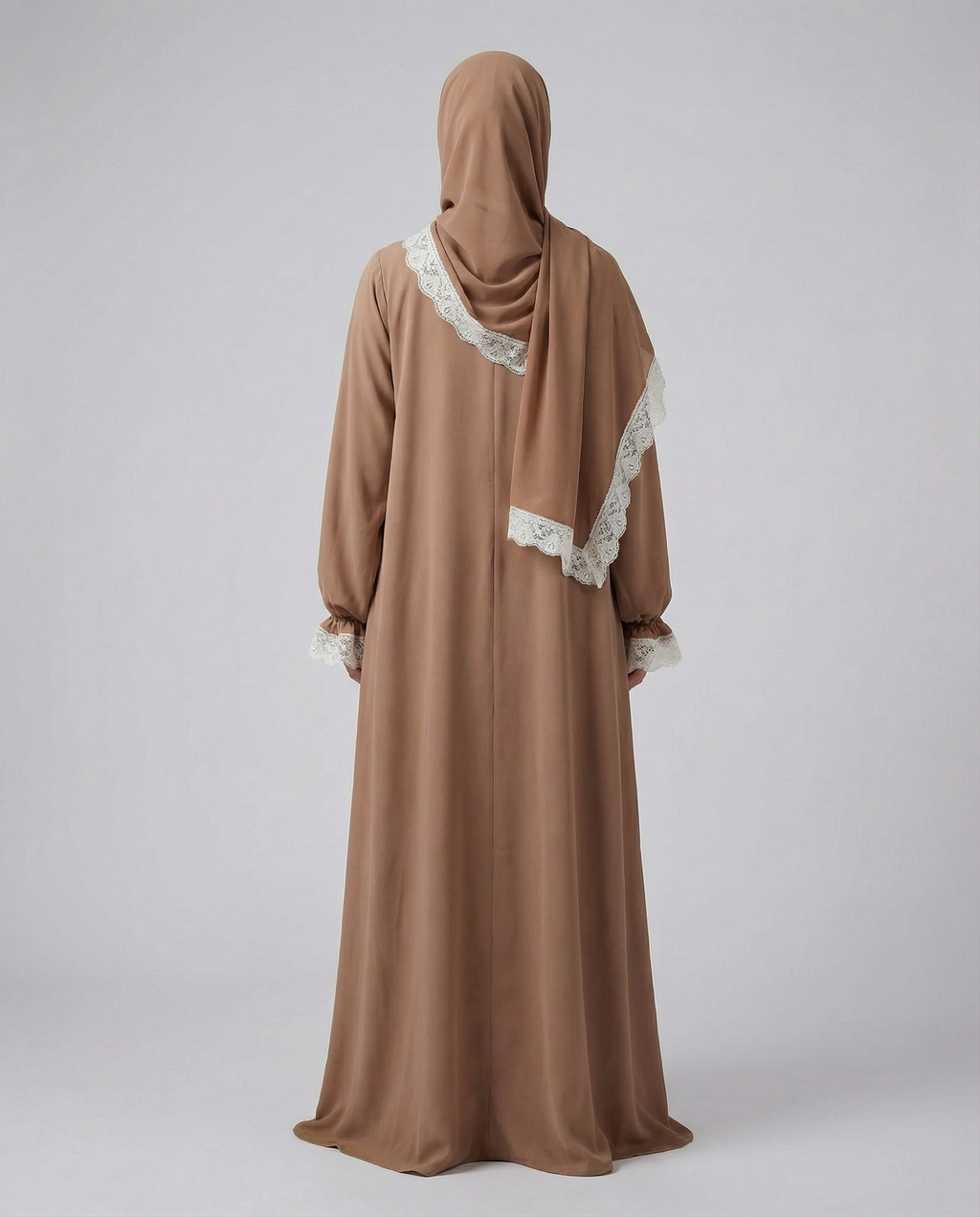 Beyaz Dantel Detaylı Kahve Abaya