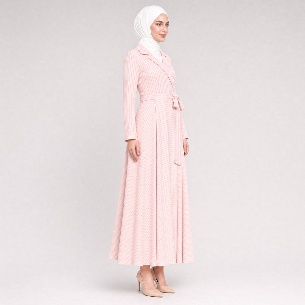 Çizgili Taş Detaylı Pembe Elbise