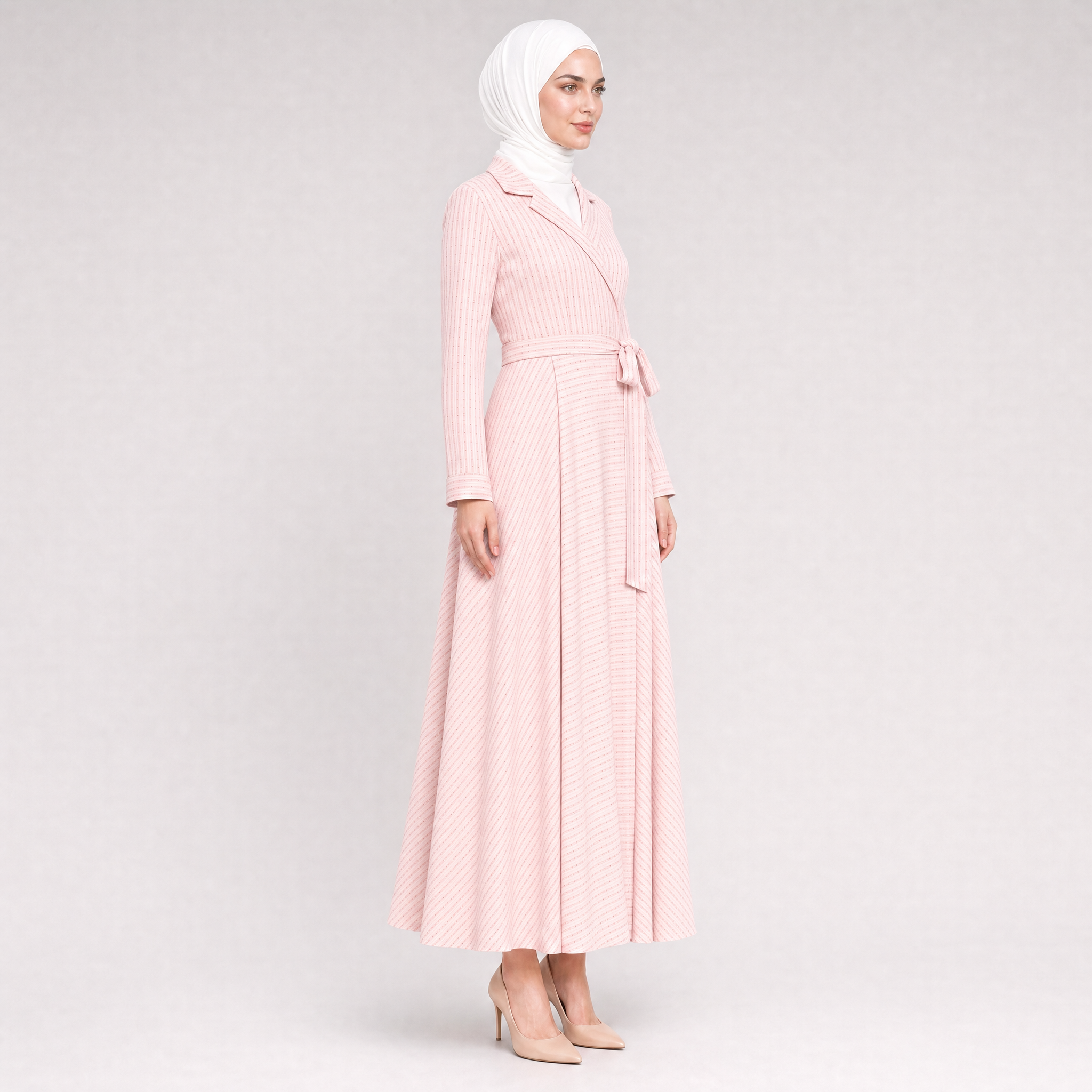 Çizgili Taş Detaylı Pembe Elbise