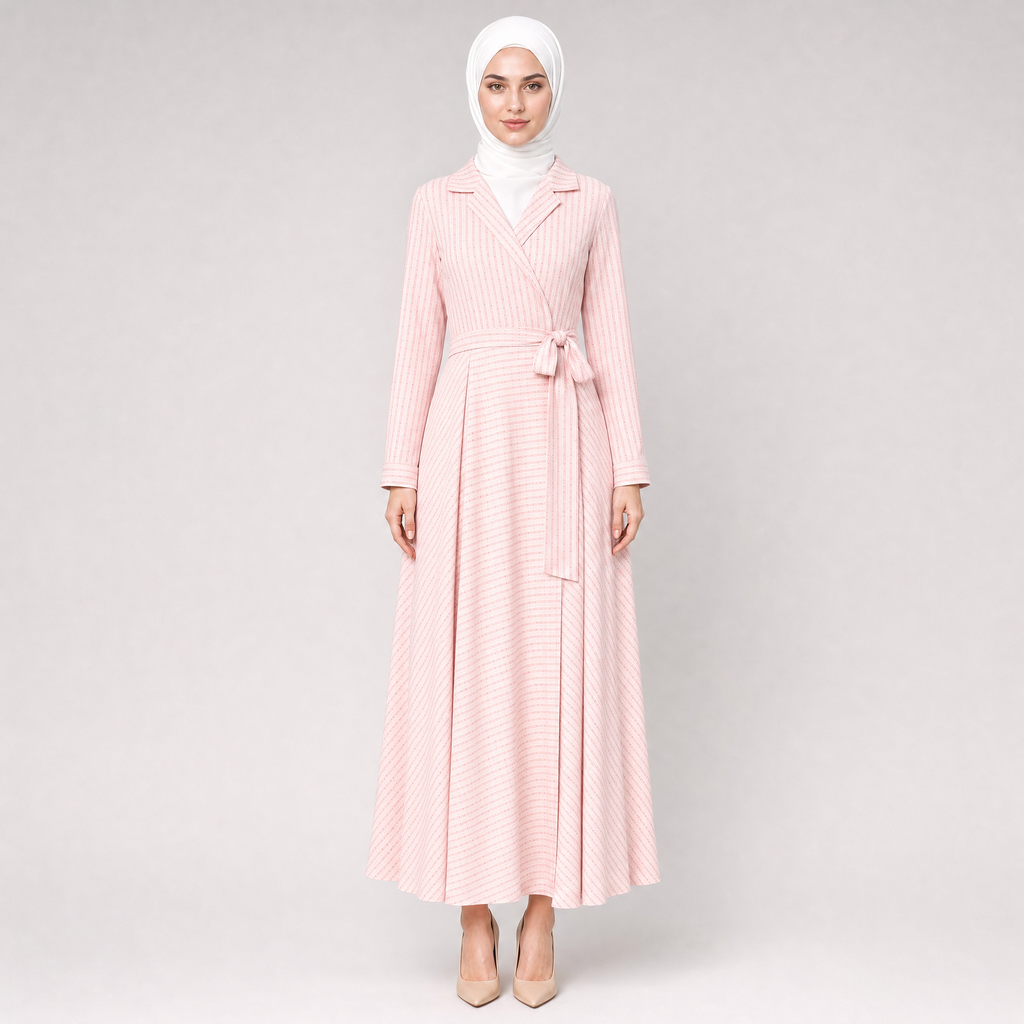 Çizgili Taş Detaylı Pembe Elbise