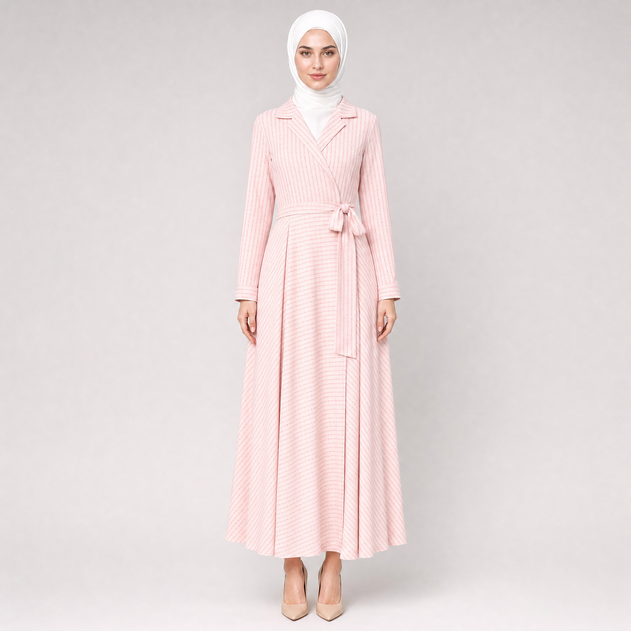 Çizgili Taş Detaylı Pembe Elbise