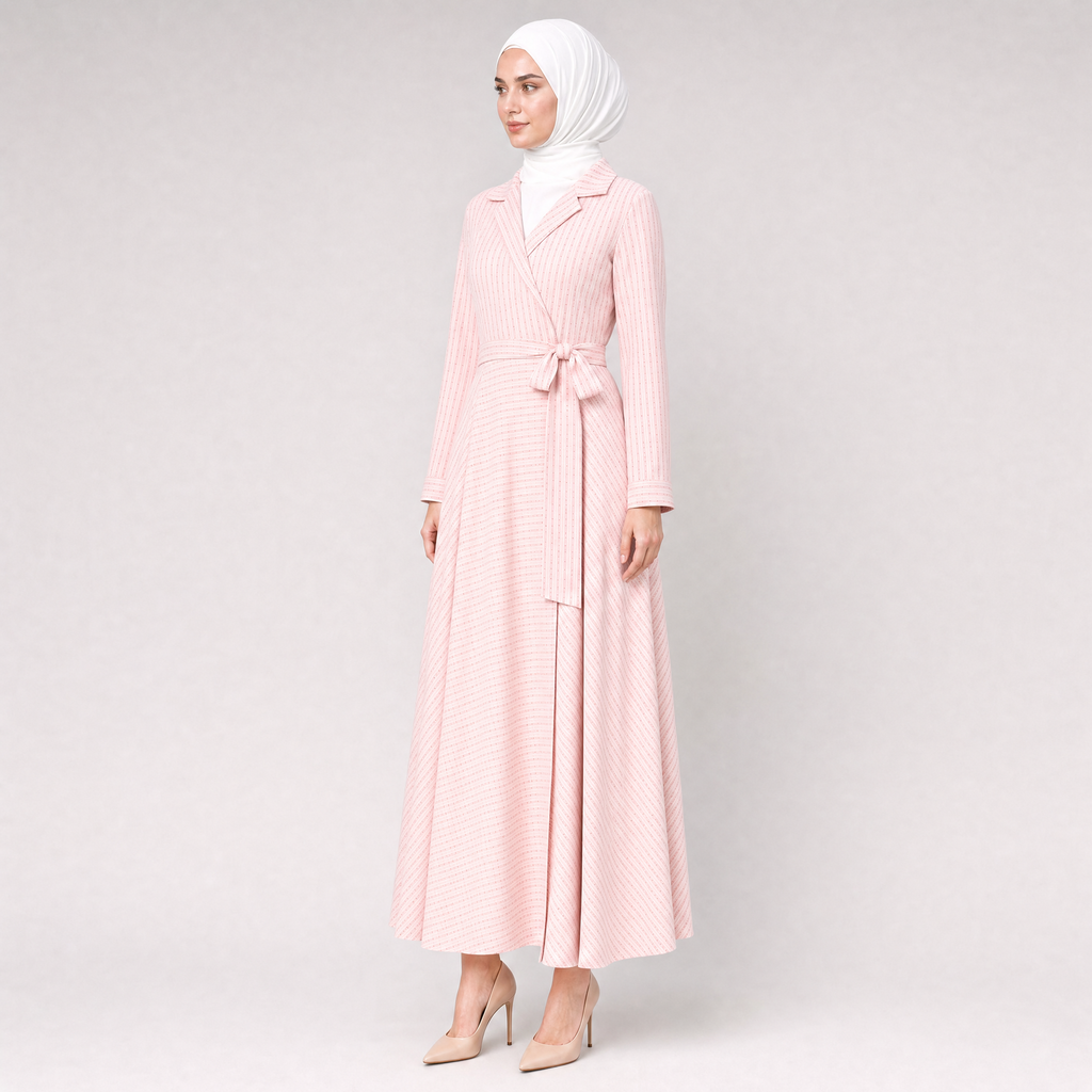 Çizgili Taş Detaylı Pembe Elbise