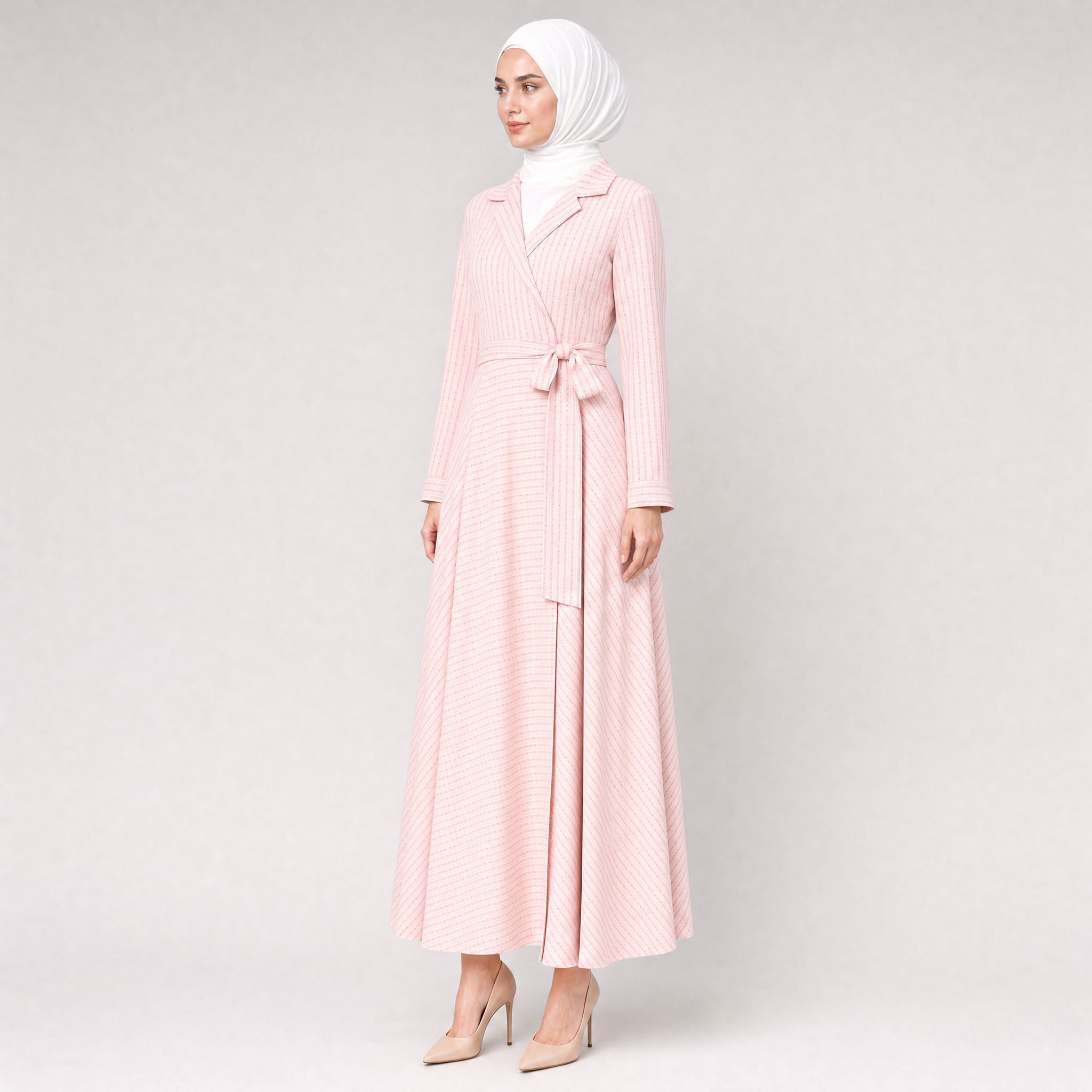 Çizgili Taş Detaylı Pembe Elbise