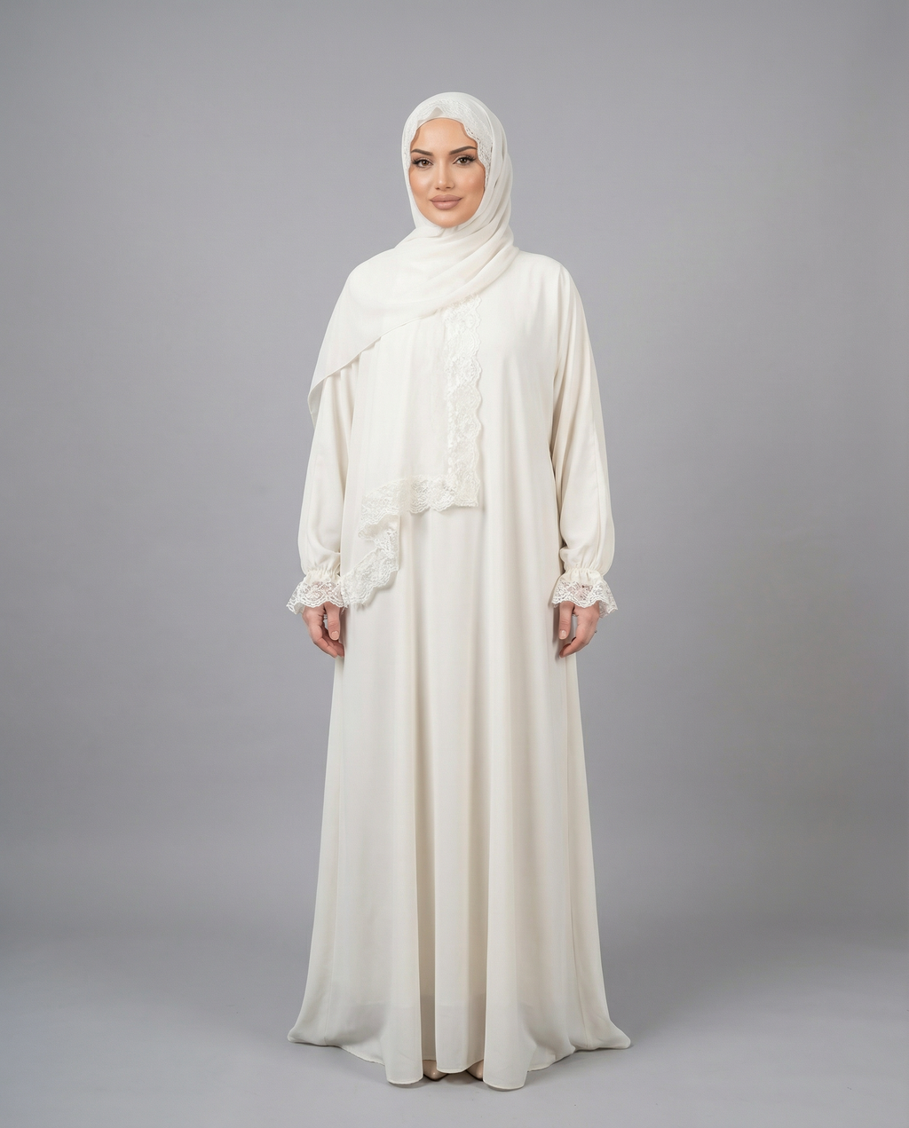 Dantel Detaylı Beyaz Abaya