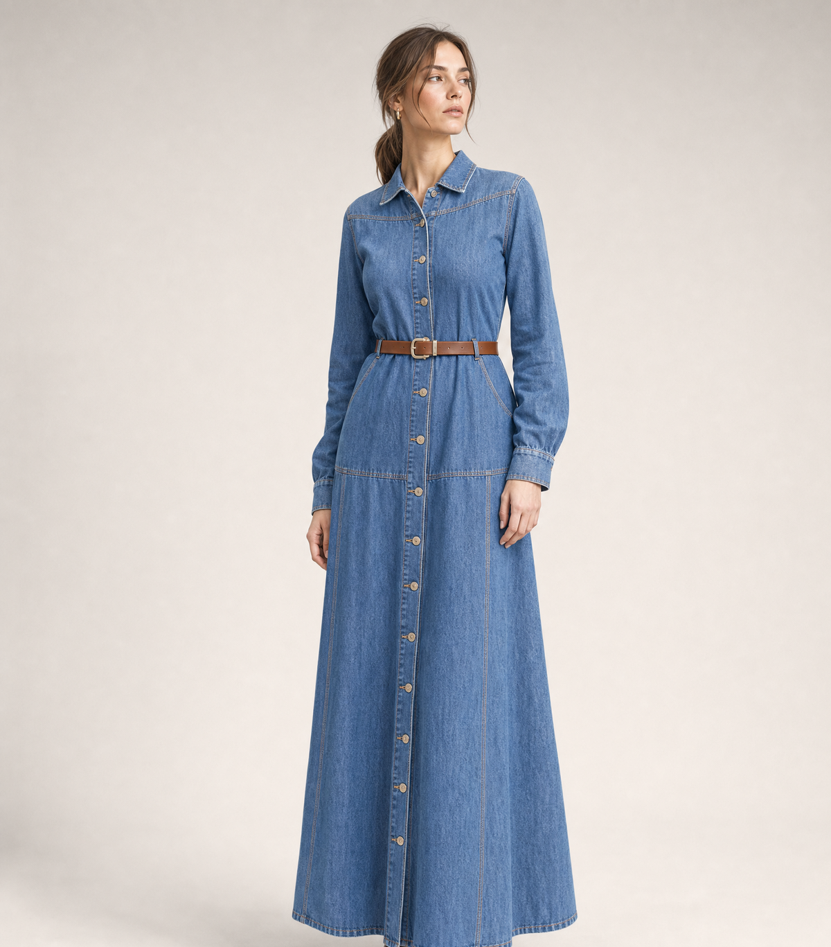 Kemer Detaylı Denim İndigo Elbise